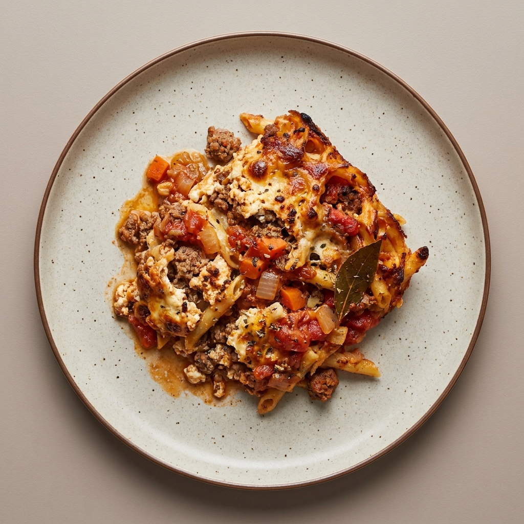 Pasta al horno con res molida, queso cottage y salsa de jitomate