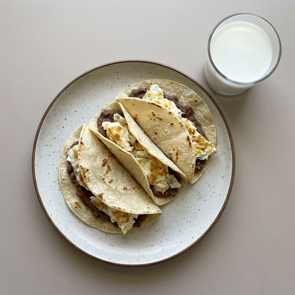 Tacos de frijol con clara de huevo y vaso de leche