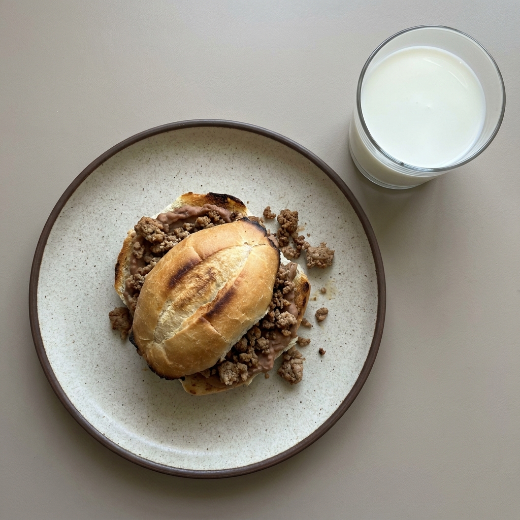 Torta de frijol con carne, acompañado con un vaso de leche