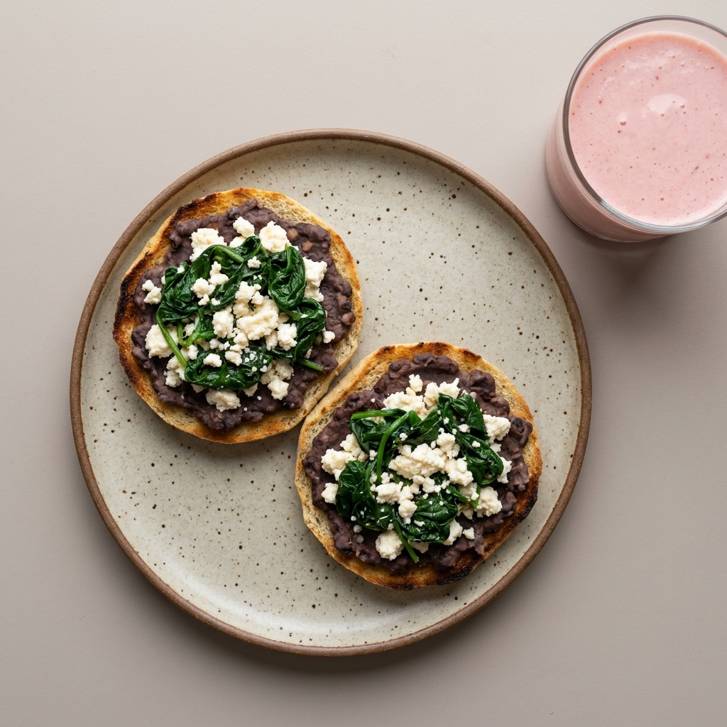 Molletes con frijol y requesón con espinacas salteadas + licuado de fresa