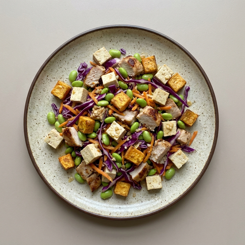 Ensalada de pollo asiática con tofu, edamames y camote