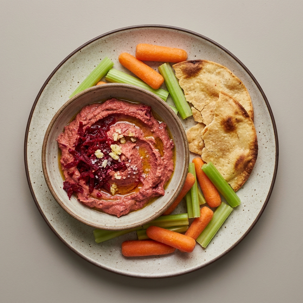 Dip en un bowl de hummus de garbanzo con betabel y de acompañamiento zanahoria, apio y tostadas horneadas