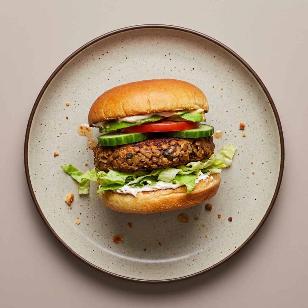 Hamburguesa con bollo vegana de lentejas y champiñones