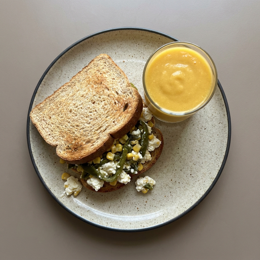 Sandwich de requesón a la poblana con rajas y elotitos + smoothie de mango