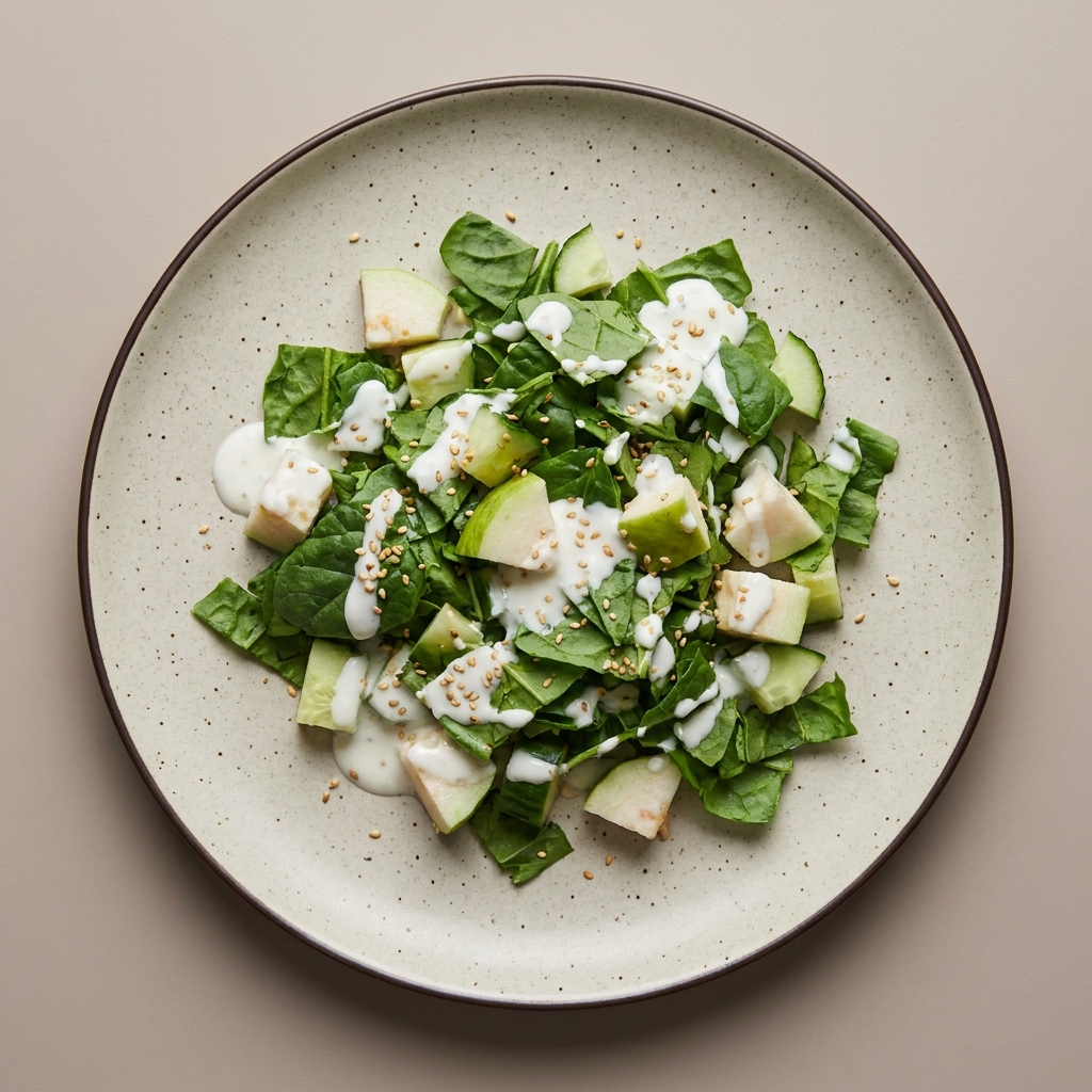 Ensalada de espinacas con guayaba, ajonjolí y aderezo de yogurt natural