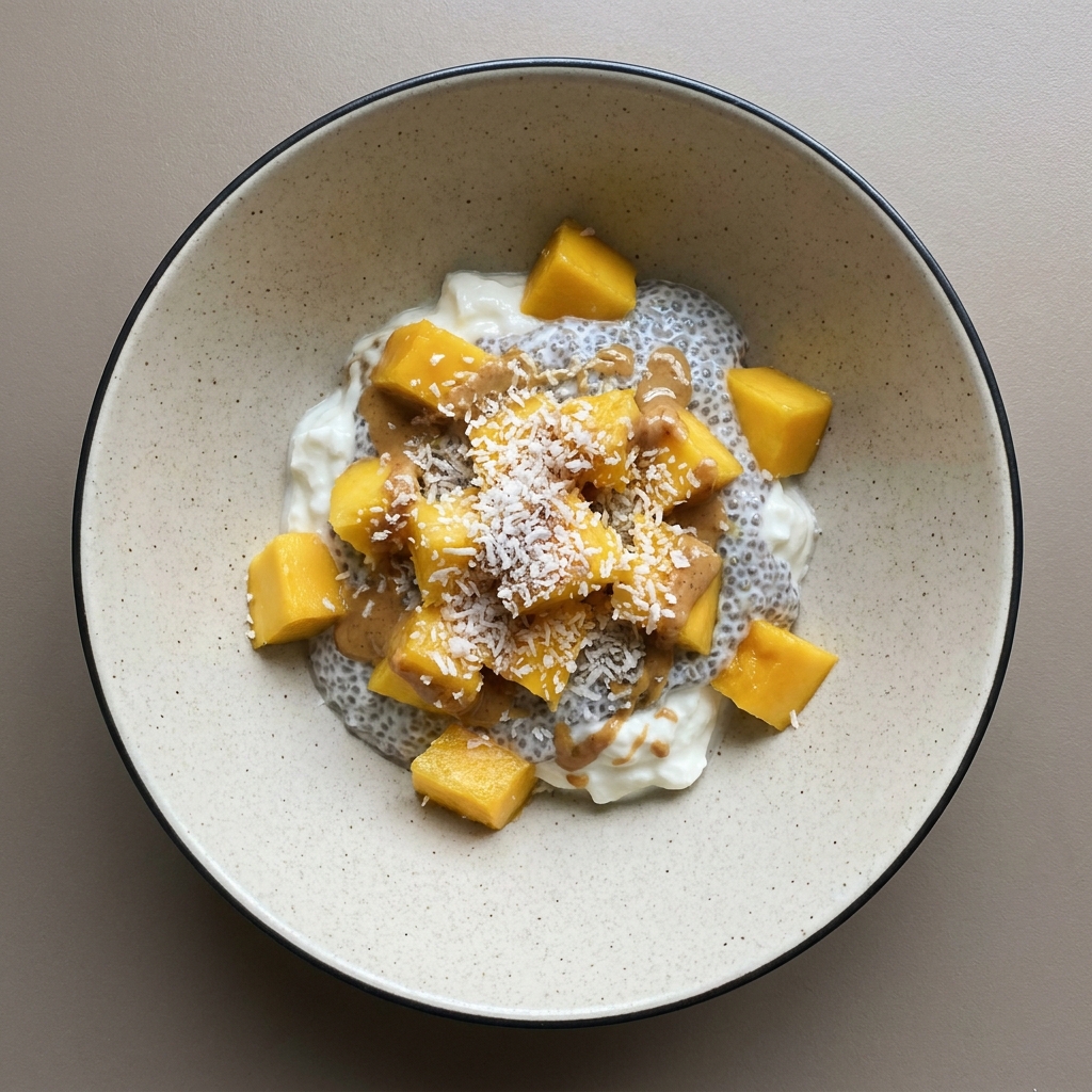 Yogurt Bowl de mango y coco con pudín de chia
