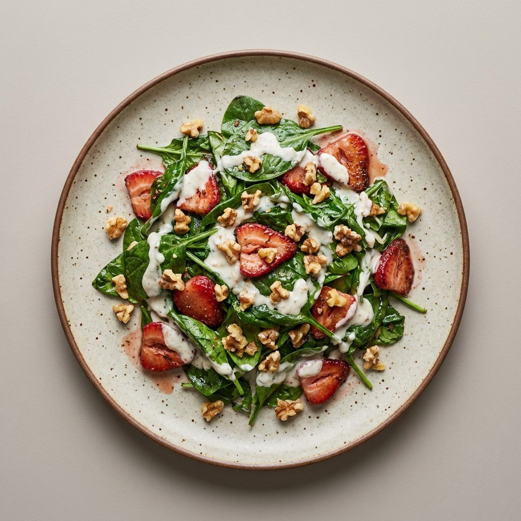 Ensalada de espinaca con fresa, nuez y aderezo de yogurt griego