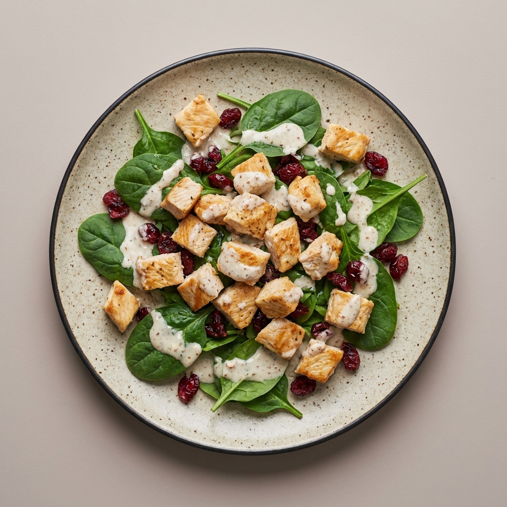 Ensalada de pollo con espinaca, arándano y aderezo almendra