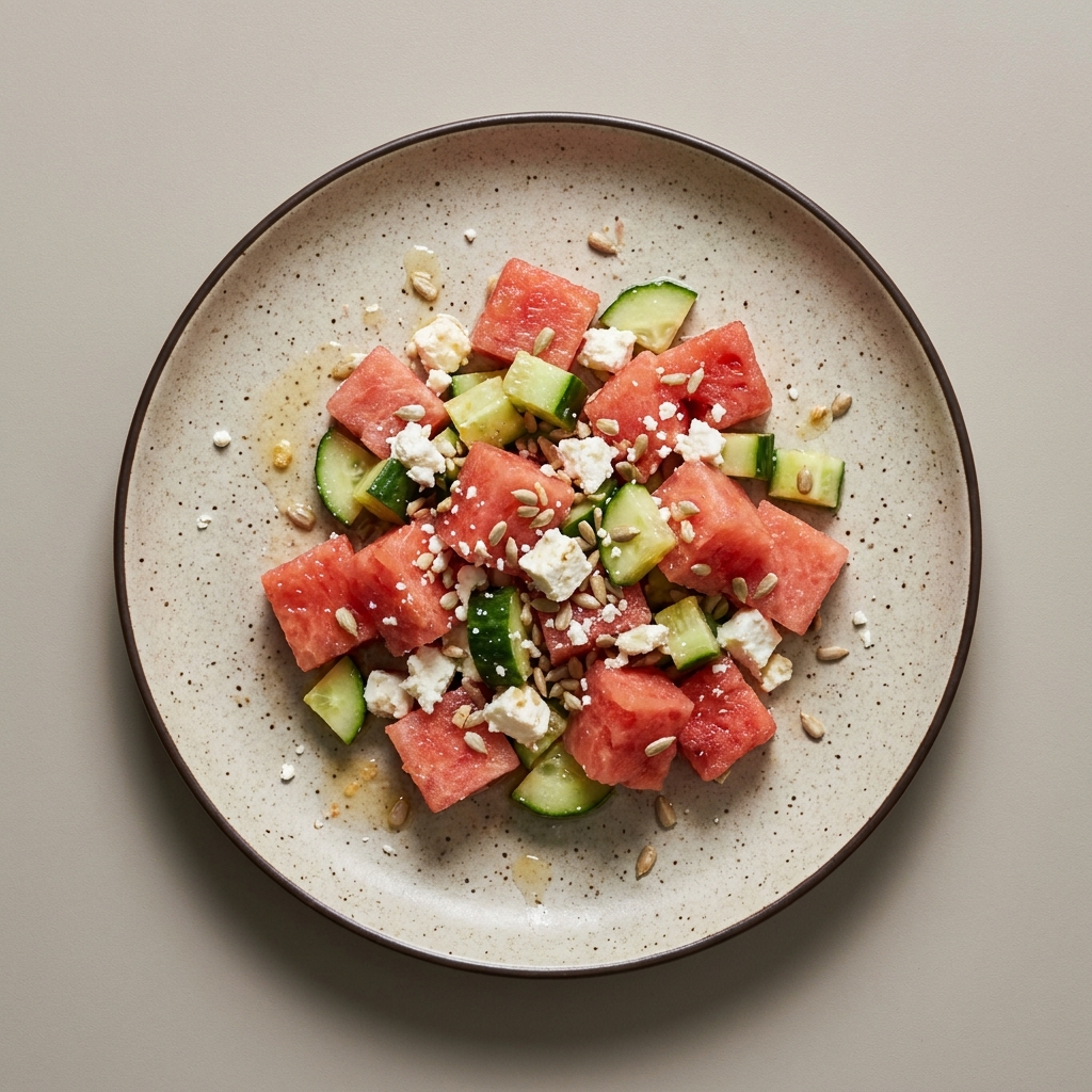Ensalada fresca de sandia, pepino y queso feta