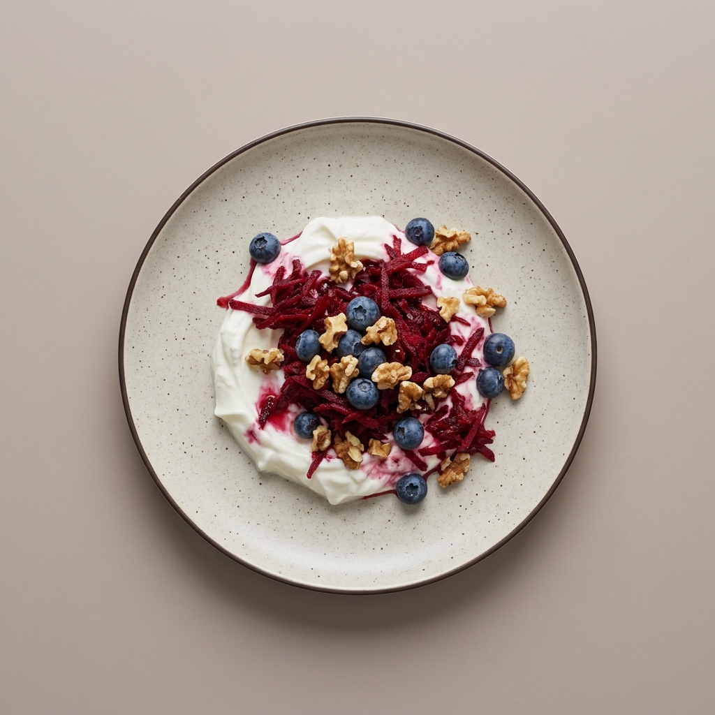 Yogurt bowl de frutos rojos con betabel rallado y nuez
