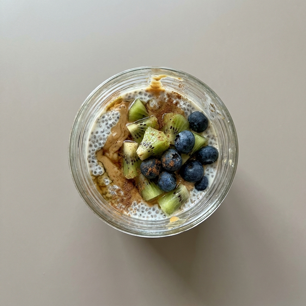 Pudín de chía de kiwi y berries con crema de cacahuate