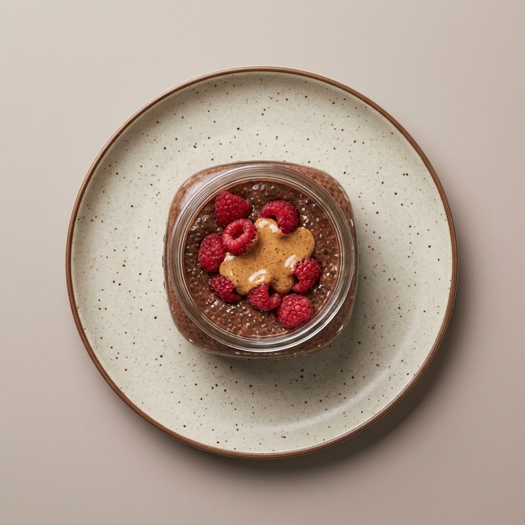 Pudín de chocolate con frambuesas frescas y crema de almendras
