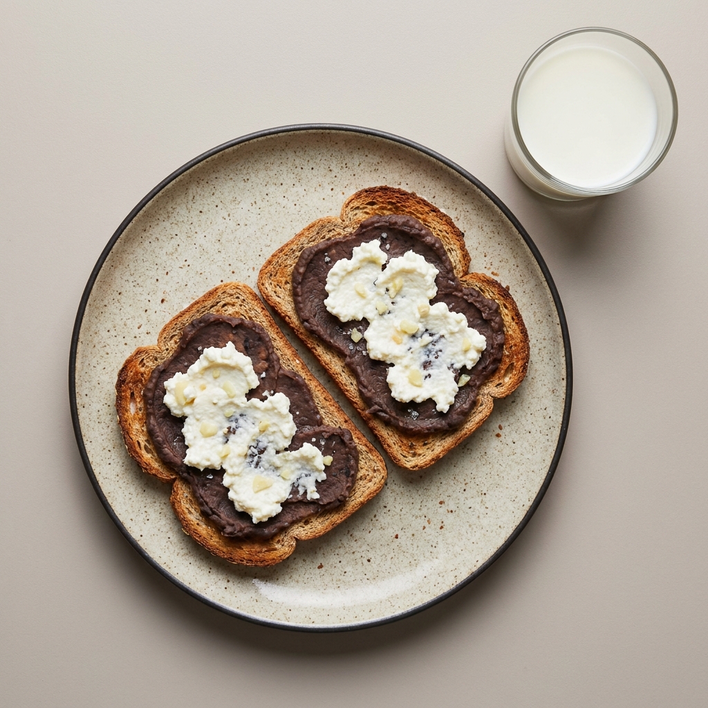 Molletes de pan integral y frijol con requesón y leche descremada aparte
