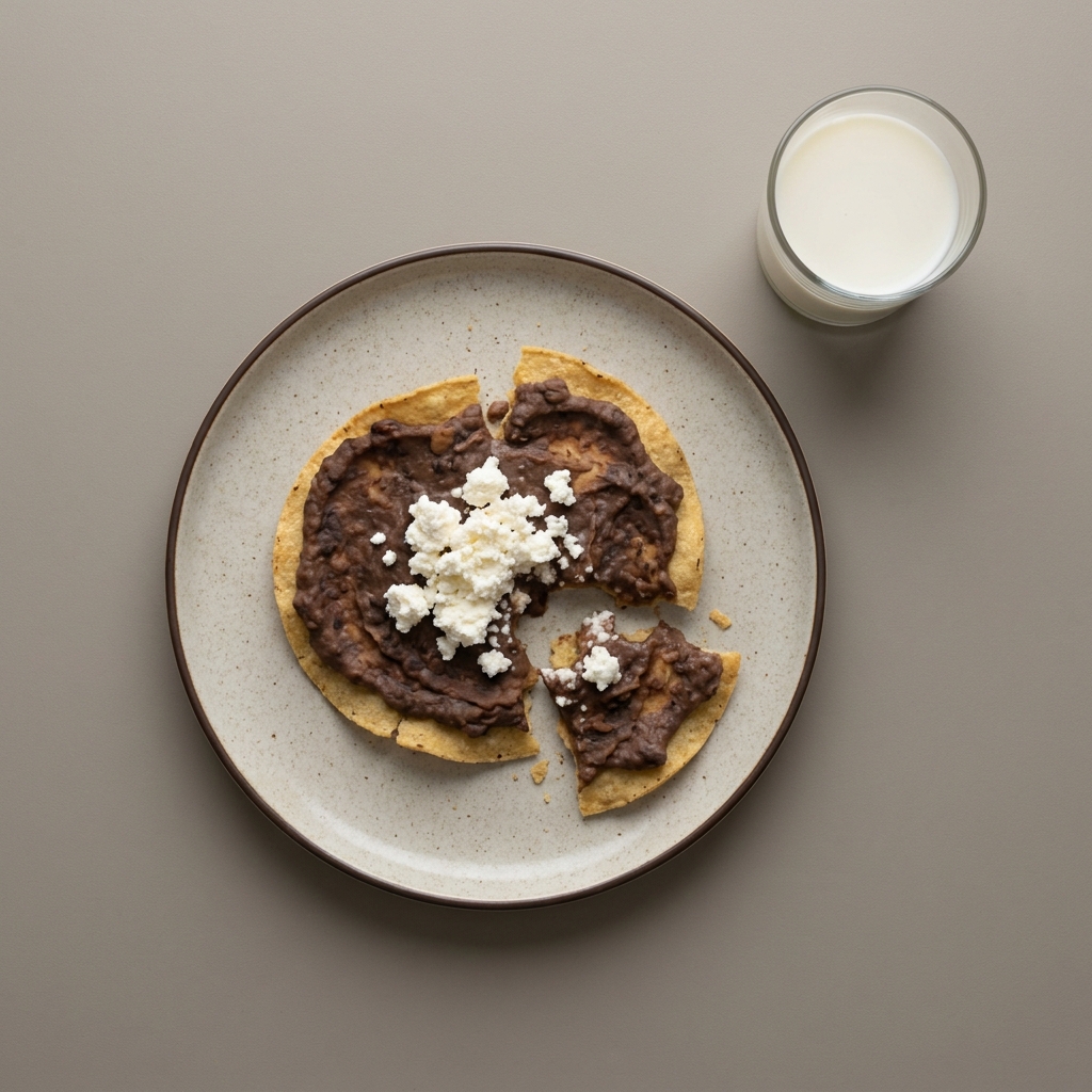Tostada horneada de frijol con requesón acompañado con leche light