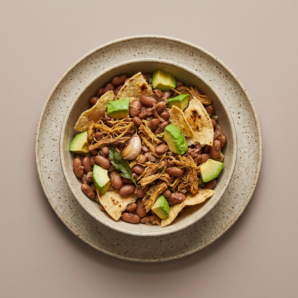 Bowl de frijoles de olla con machaca, tortilla y aguacate