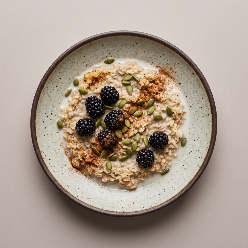 Tazón de avena con leche, zarzamora y pepita