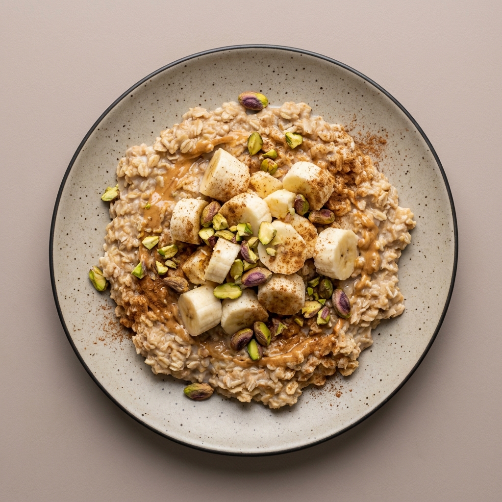 Tazón de avena con leche plátano, pistache y crema de cacahuate.