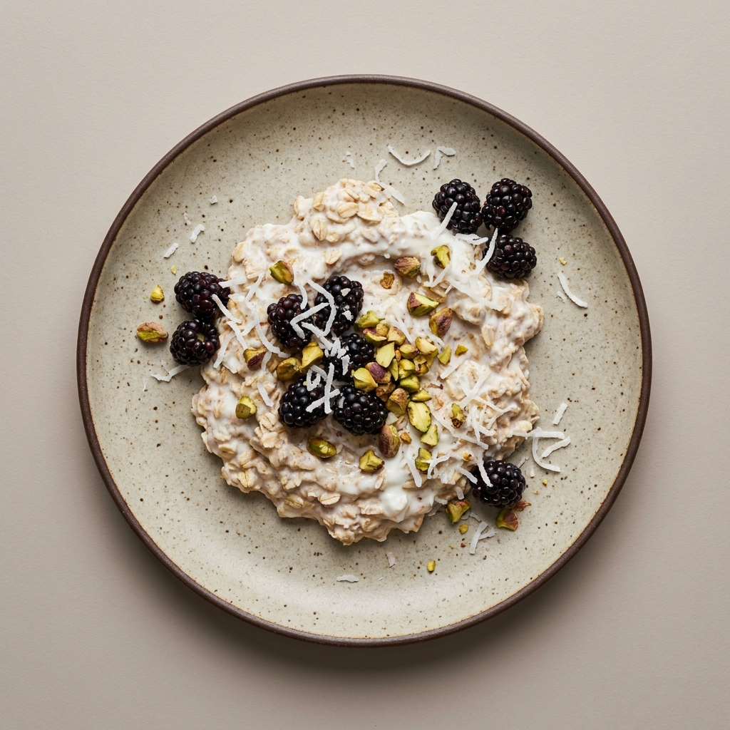 Avena remojada en yogurt natural con zarzamora, pistache y coco