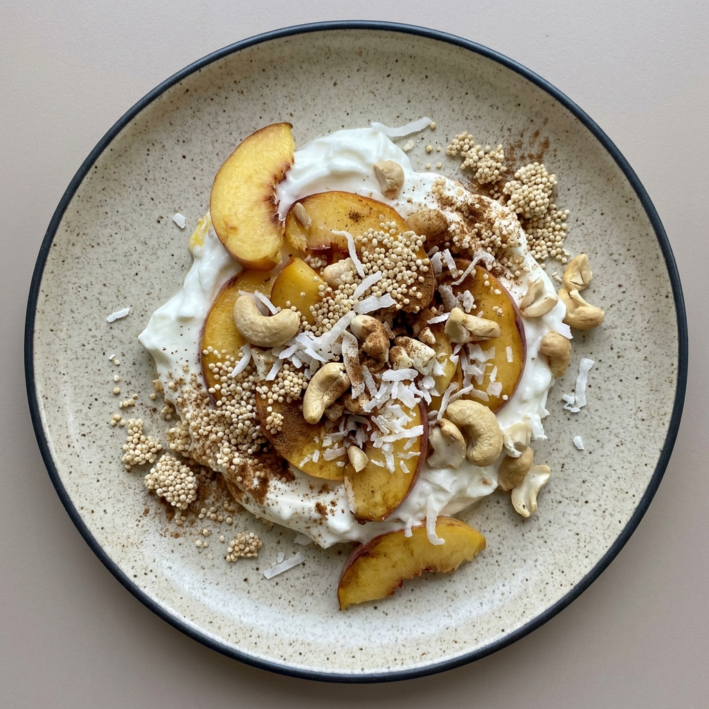 Bowl de yogurt con amaranto, durazno, nuez de la india y coco rallado