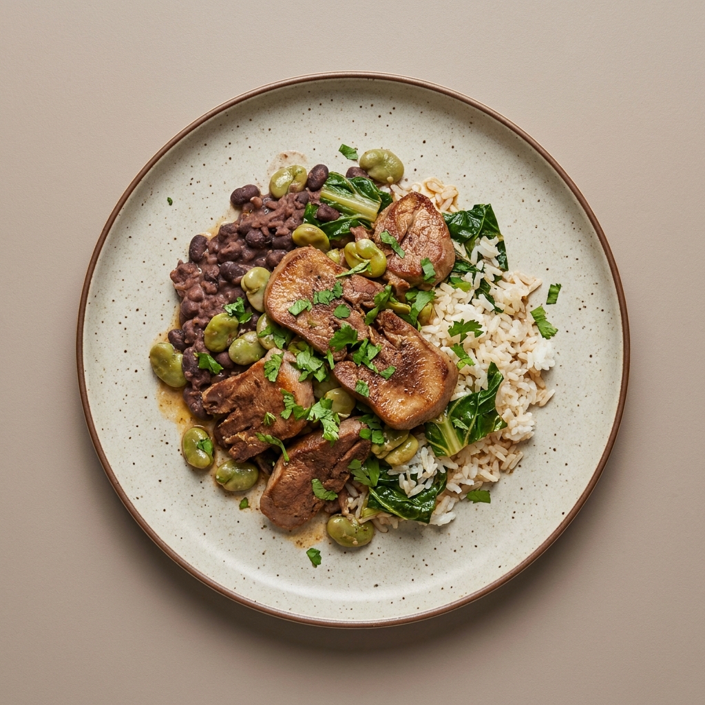 Lengua de res con frijoles, habas y arroz