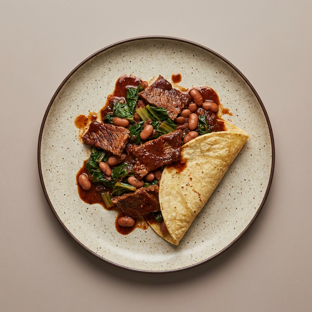 Cecina de res con acelga, frijoles y tortilla