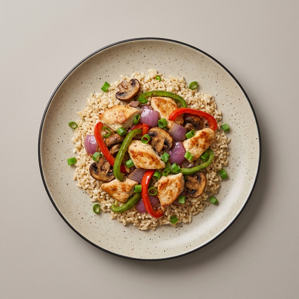 Bowl de pollo con arroz y vegetales salteados