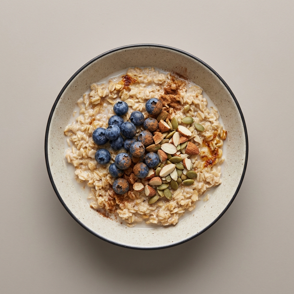 Tazón de avena con leche arándano, pepita y almendras
