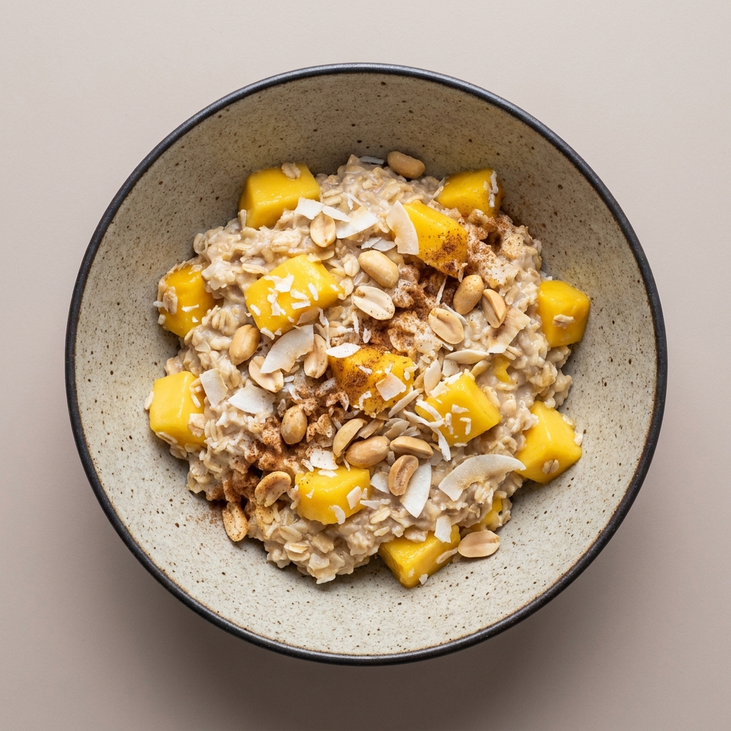 Tazón de avena con leche, mango, cacahuate y coco