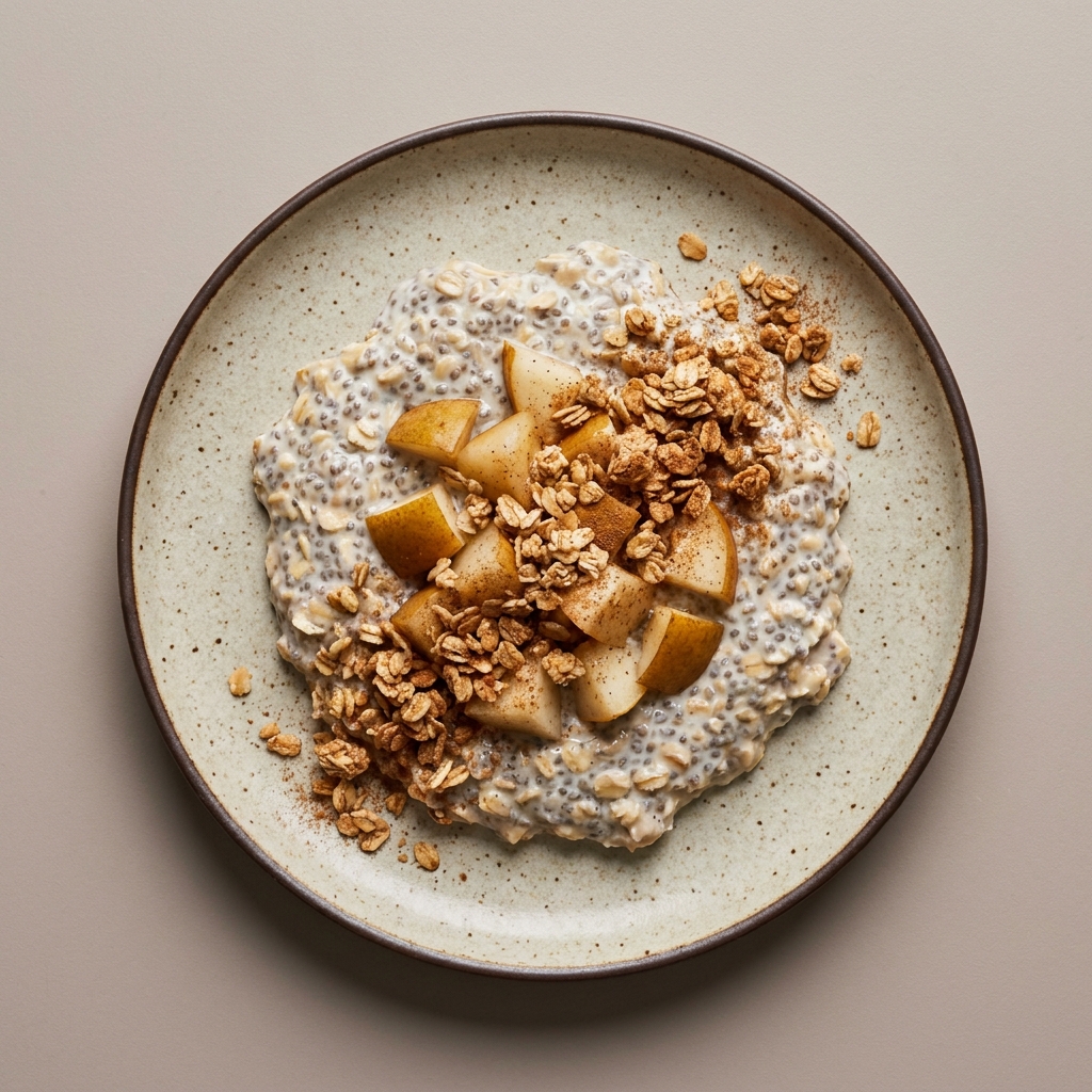 Pudín de chía con avena, pera, granola y leche descremada