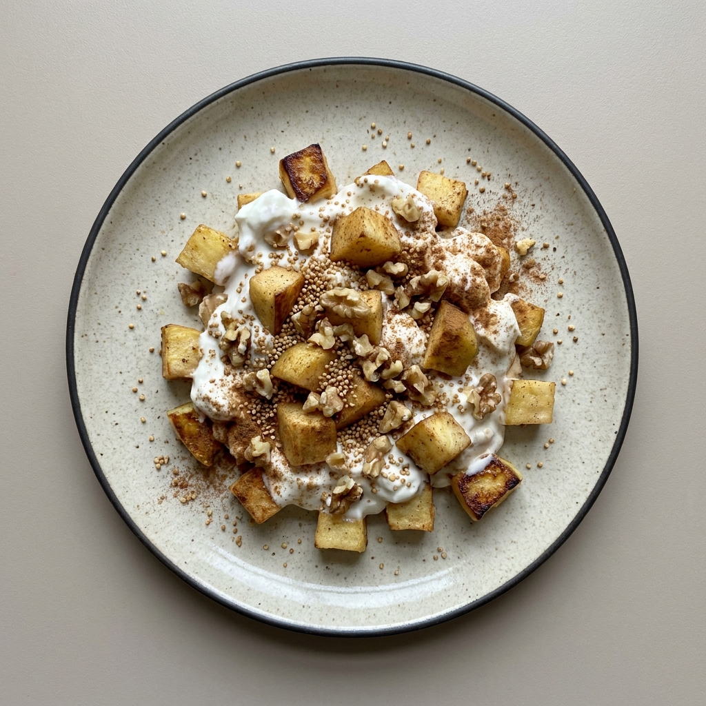 Parfait de yogurt griego con amaranto, manzana y nuez