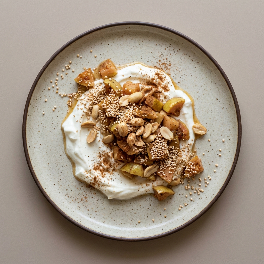 Parfait de yogurt griego con amaranto, guayaba y cacahuate