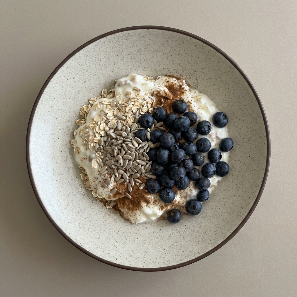 Bowl de yogurt con avena, arándano y semillas de girasol