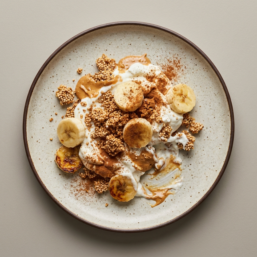 Parfait de yogurt griego con amaranto, plátano y crema de cacahuate