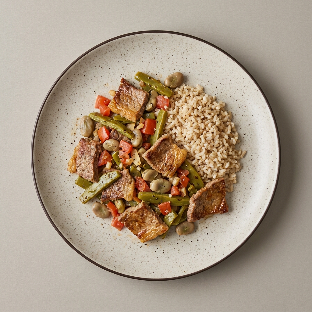 Cecina de res con nopales, habas y arroz integral