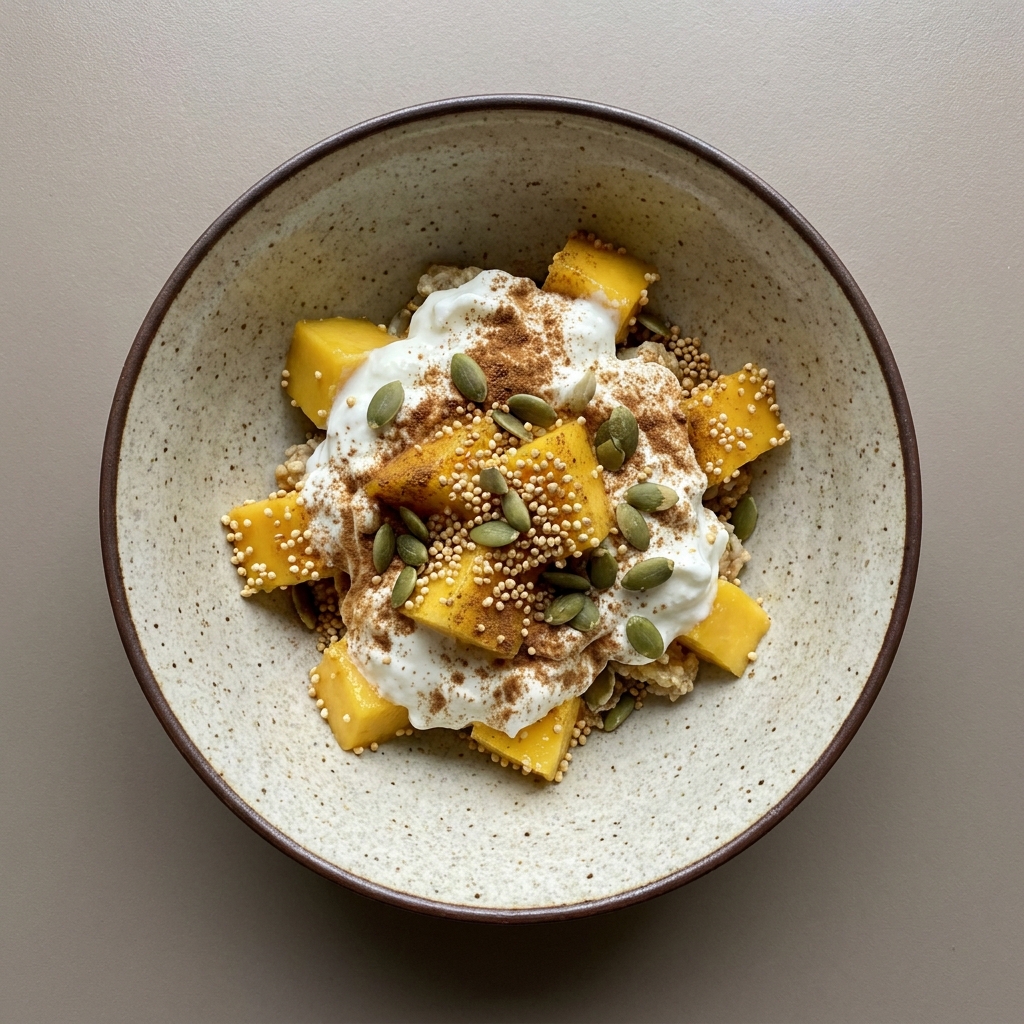 Parfait de yogurt griego con amaranto, mango y pepita