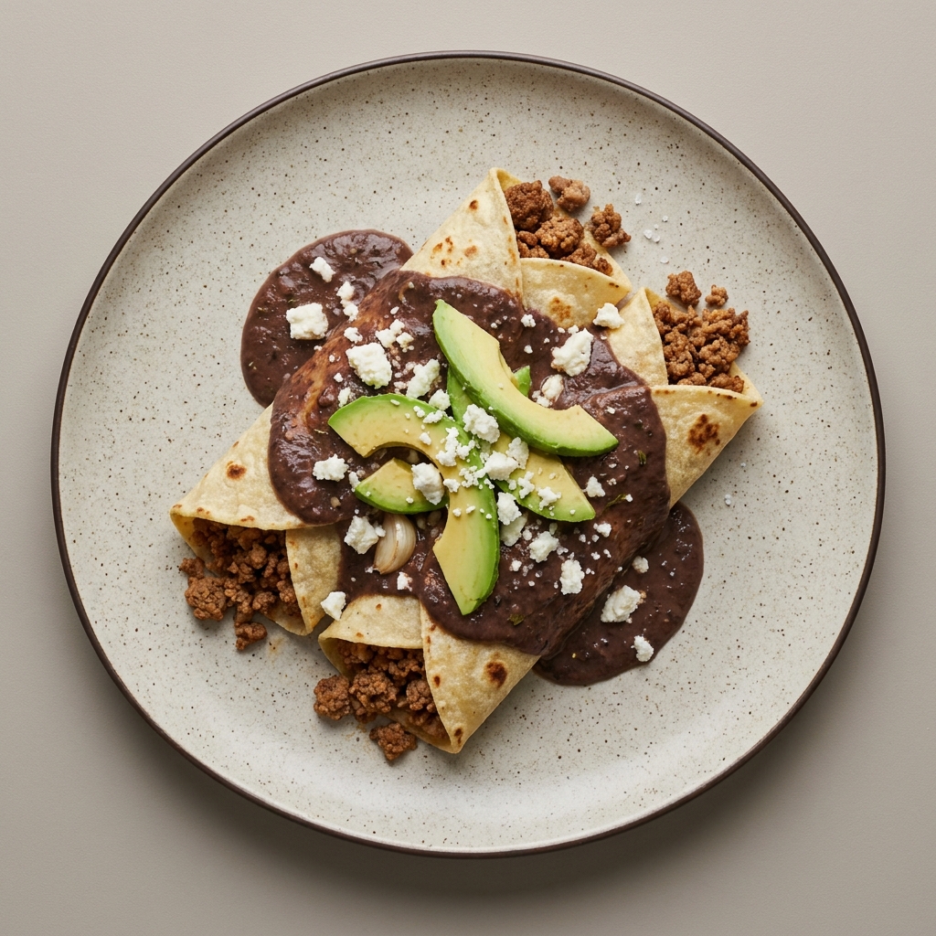 Enfrijoladas de carne molida de pavo con aguacate