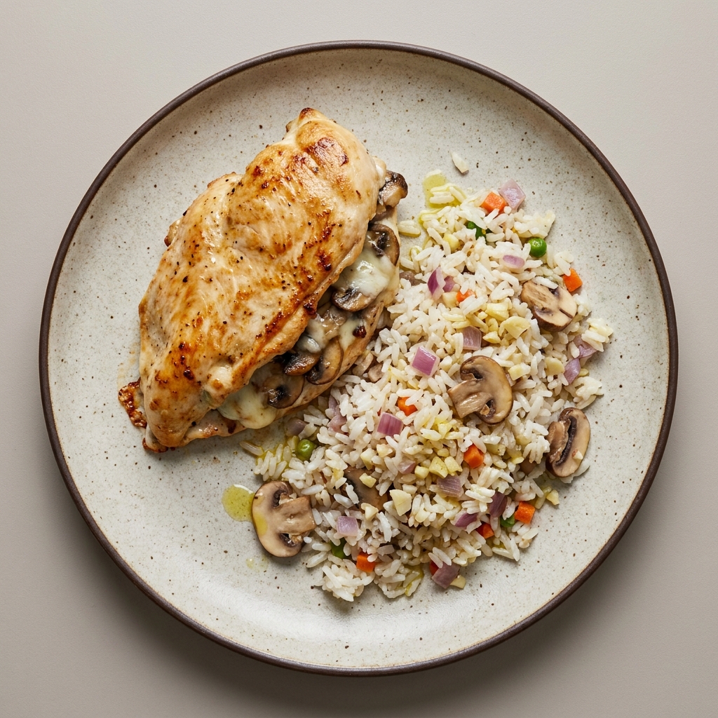Pechuga rellena de champiñones y queso + arroz con verduras