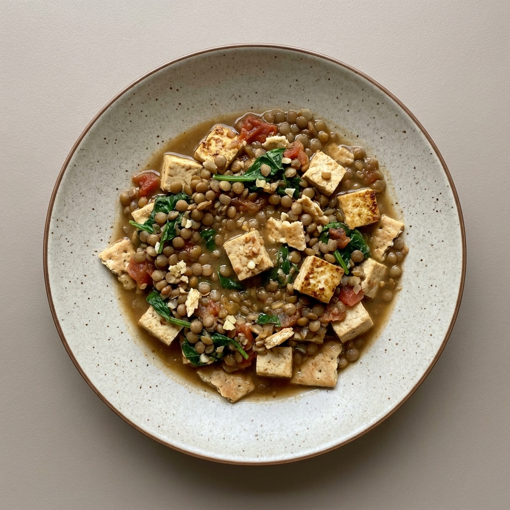 Sopa de lentejas con tofu y espinacas