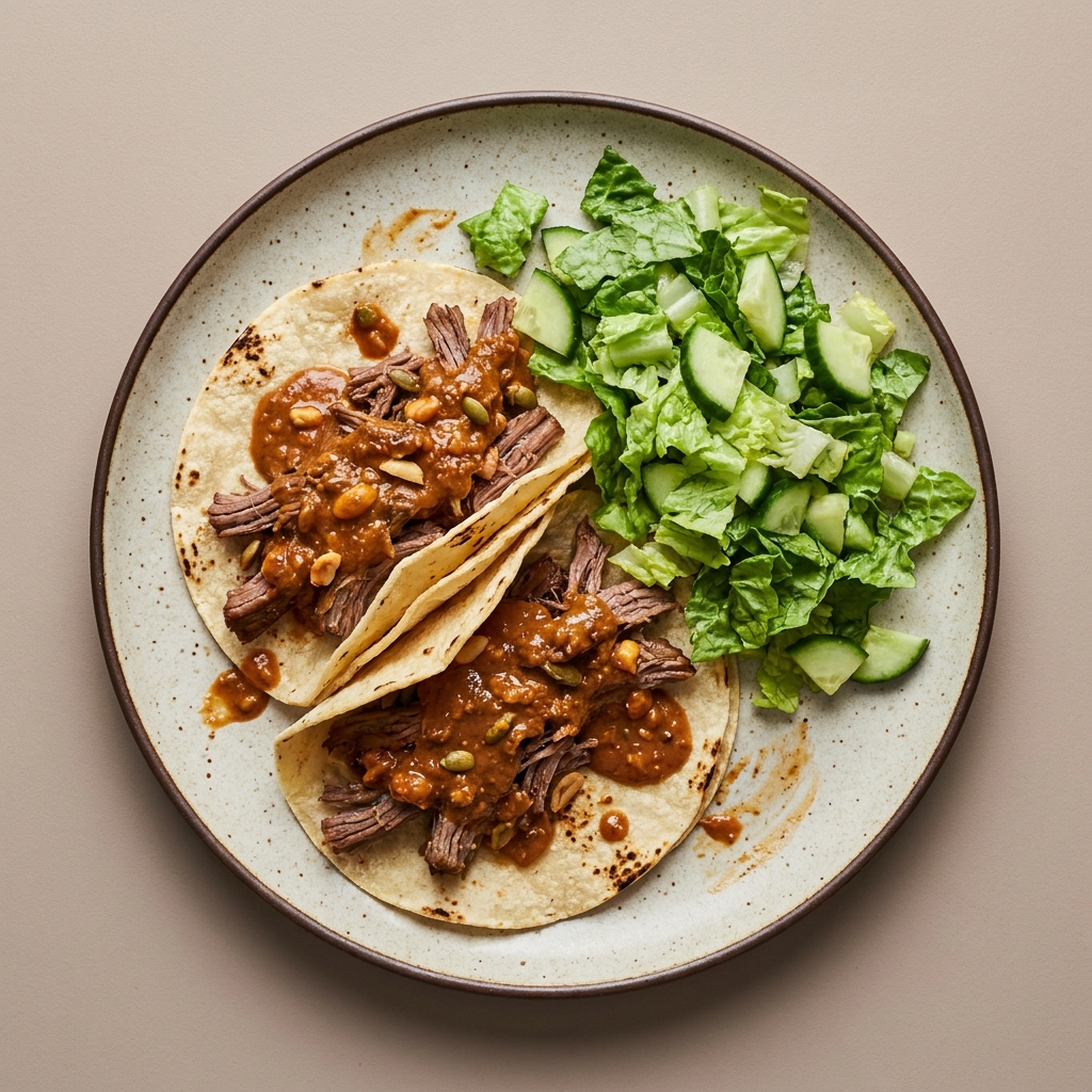 Tacos de res en salsa de cacahuate y ensalada fresca