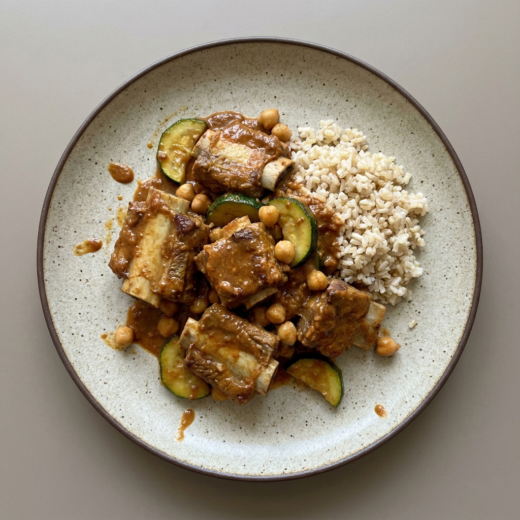 Costilla de res en encacahuatado con calabacita, garbanzos y arroz integral aparte en un bowl