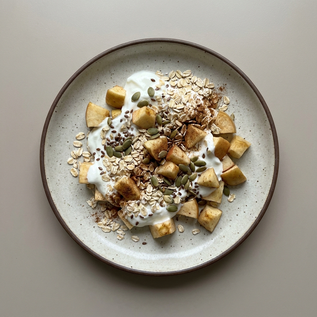 Bowl de yogurt con avena, manzana, pepita y linaza
