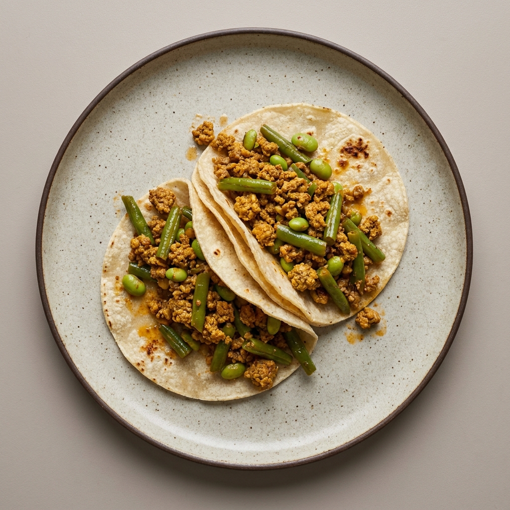Tacos de picadillo con ejotes y edamames