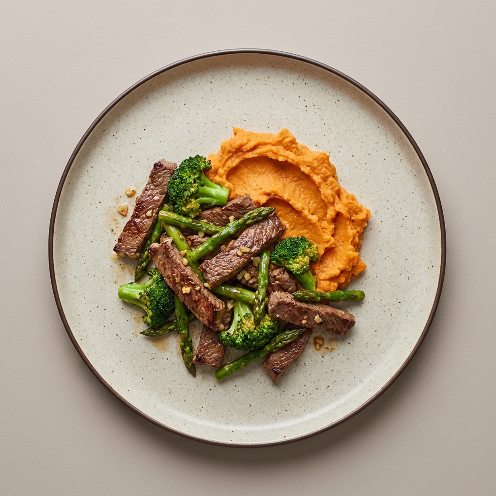 Carne, brocoli y esparragos salteados con puré de camote