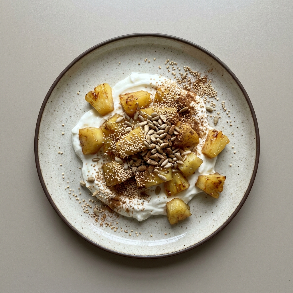 Parfait de yogurt griego con piña y amaranto