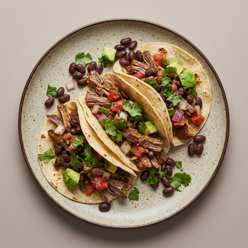 Tacos de carne deshebrada a la mexicana con frijoles