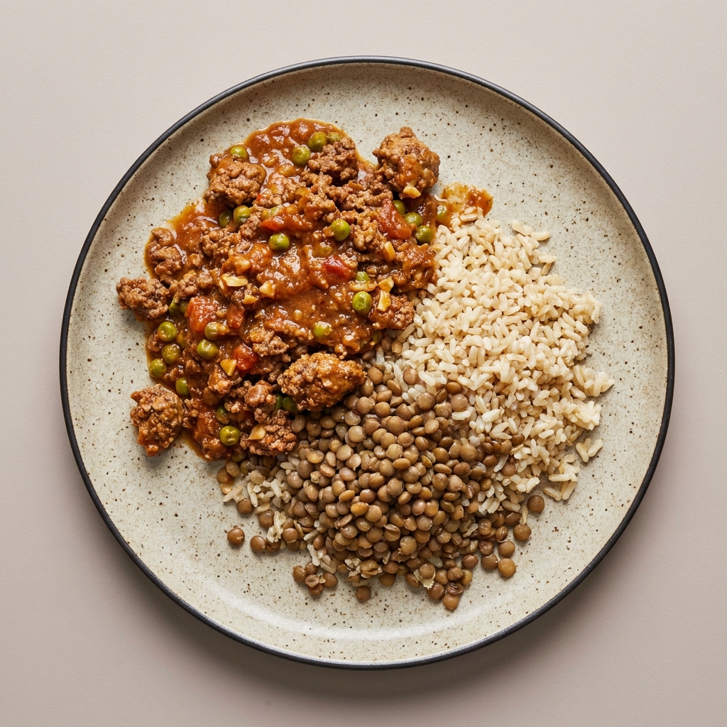 Res molida en salsa con cacahuate y chícharos, acompañado de lentejas y arroz integral.