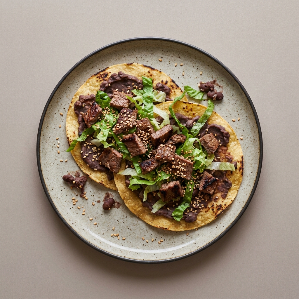 Tostadas de cecina con lechuga, frijoles y ajonjolí