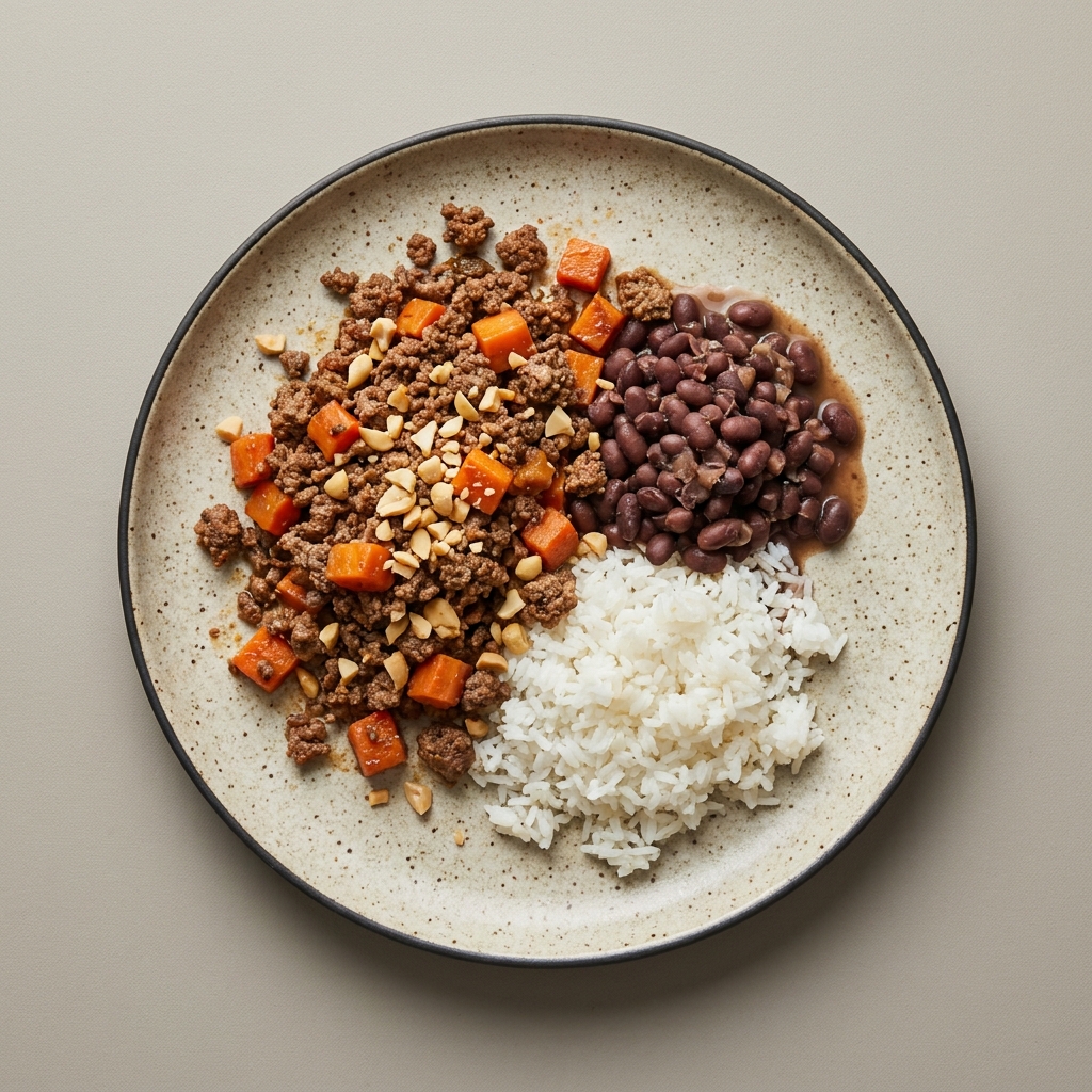 Picadillo de res con zanahoria, con frijoles y arroz