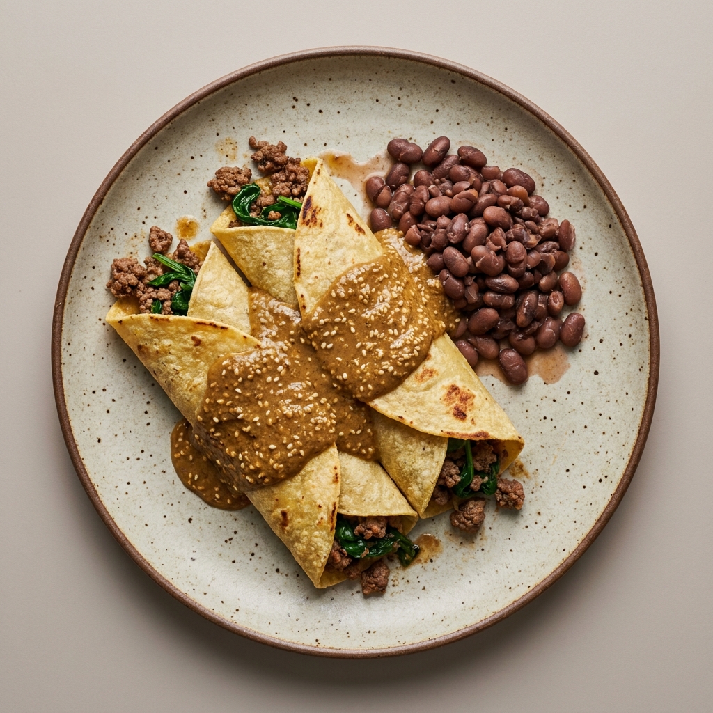 Enchiladas de res en salsa de ajonjolí con espinaca, y frijoles