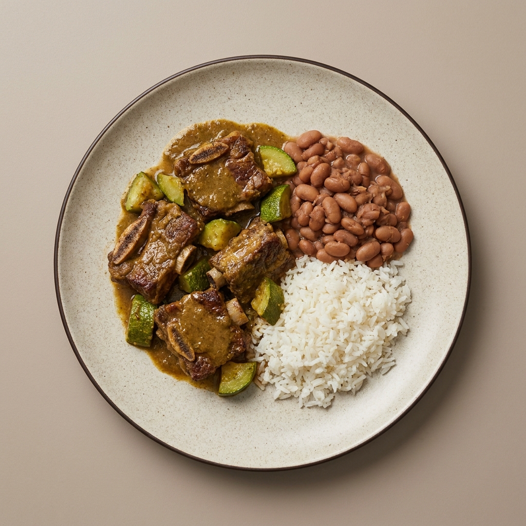 Costilla de res en pipián de pepita con calabacita, frijoles y arroz